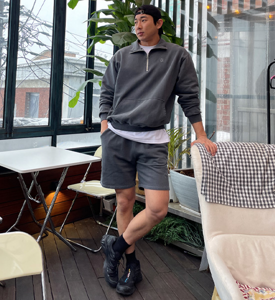 (L-5XL)<BR>우즈리스 颜料 半拉链+솔틴 颜料 短裤
