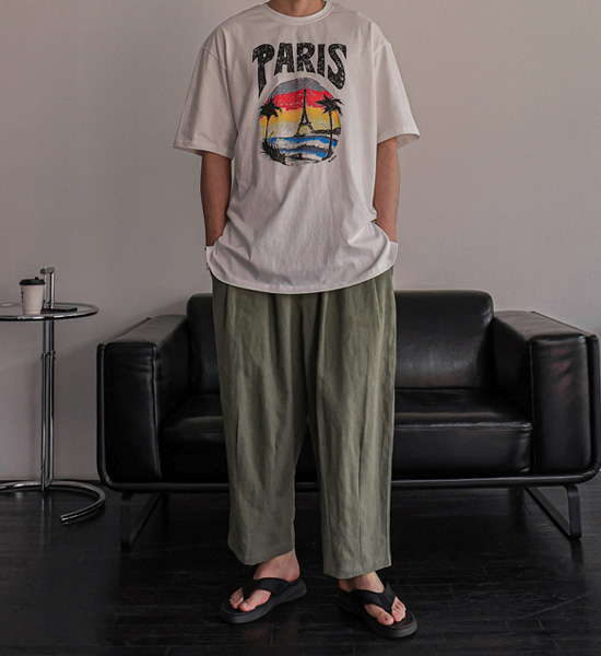 (L-5XL)<BR>사르노 广泛适用 亚麻 松紧带裤