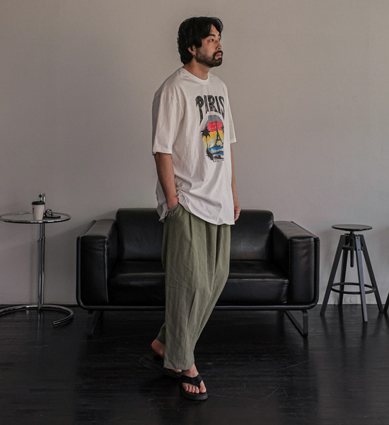 (L-5XL)<BR>사르노 广泛适用 亚麻 松紧带裤