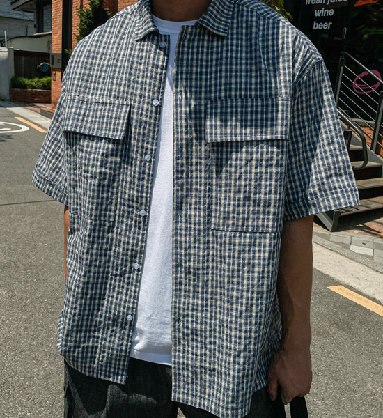 (L-5XL)<br>쿤드리 格子短袖衬衫 1105