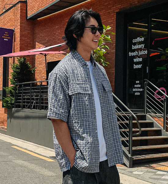 (L-5XL)<br>쿤드리 格子短袖衬衫 1105