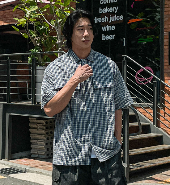 (L-5XL)<br>쿤드리 格子短袖衬衫 1105