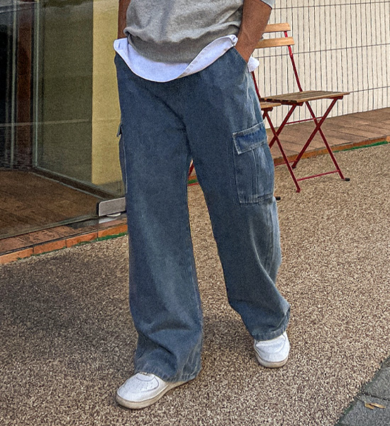 (M-4XL)<BR>로쑤 半宽配合 货运牛仔布 松紧带裤