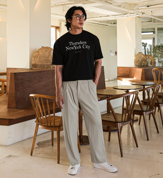 (S-5XL)<BR>아주드 半宽配合 后松紧带 亚麻长裤