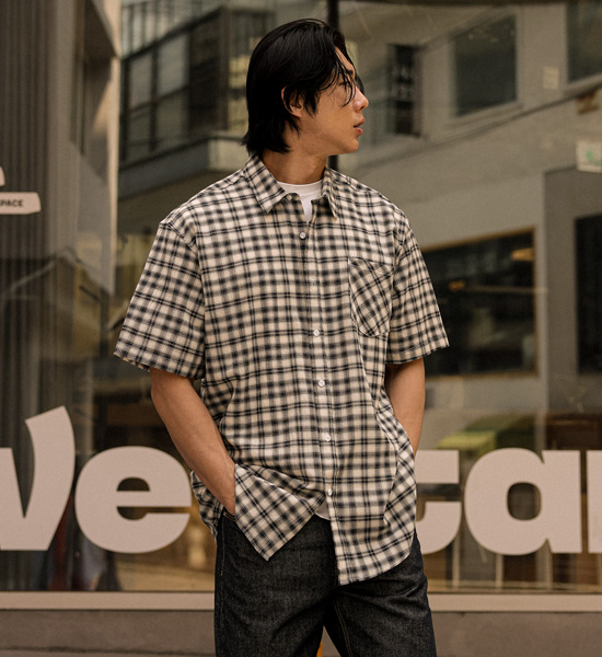 (L-5XL)<br>치드린 格子短袖衬衫 N005