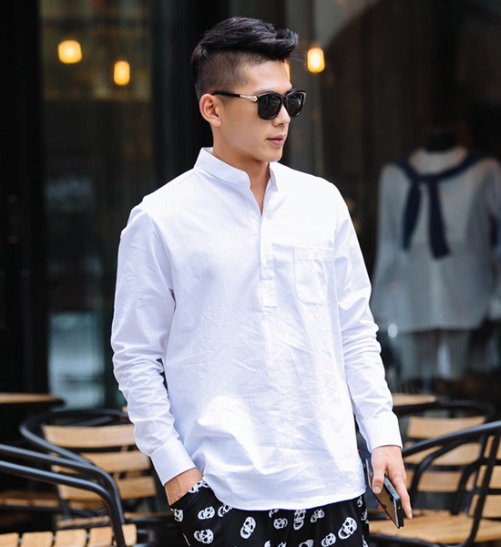 (M-4XL)<br>가창력 亨利颈 衬衫 <br><font color="#098a09"><B>选择长度 (基础,长款+6cm)</B></font>