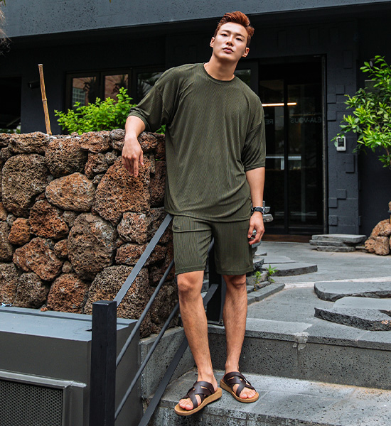 (L-5XL)<BR>베이드 百褶 短袖T恤+리스터 百褶 松紧带短裤