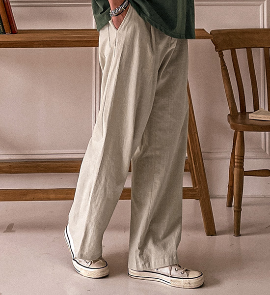 (L-5XL)<BR>스코퍼스 半宽配合 后松紧带 린넨팬츠