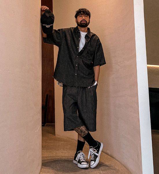 (L-5XL)<BR>우보스코 牛仔短袖衬衫
