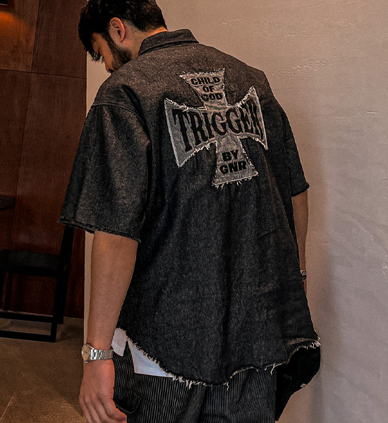 (L-5XL)<BR>우보스코 牛仔短袖衬衫