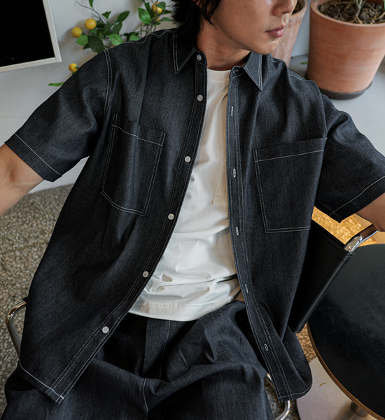(XL-6XL)<BR>카이토 亚麻无洗牛仔裤 短袖衬衫