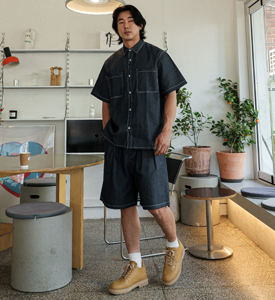 (XL-6XL)<BR>카이토 亚麻无洗牛仔裤 短袖衬衫