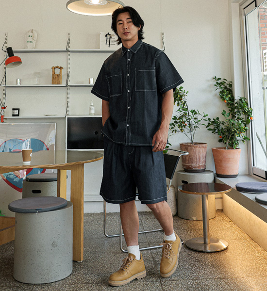 (XL-6XL)<BR>카이토 亚麻无洗牛仔裤 短袖衬衫+라리야 亚麻无洗牛仔裤 松紧带短裤