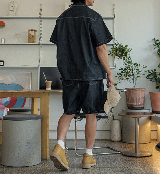 (XL-6XL)<BR>카이토 亚麻无洗牛仔裤 短袖衬衫+라리야 亚麻无洗牛仔裤 松紧带短裤