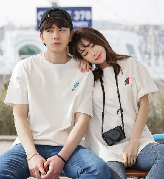 (S~6XL)<br>썸남썸녀 冰淇淋 刺绣 短袖T恤