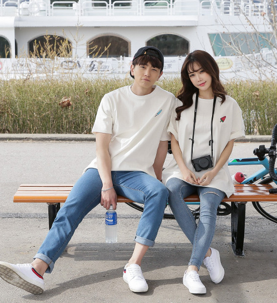 (S~6XL)<br>썸남썸녀 冰淇淋 刺绣 短袖T恤