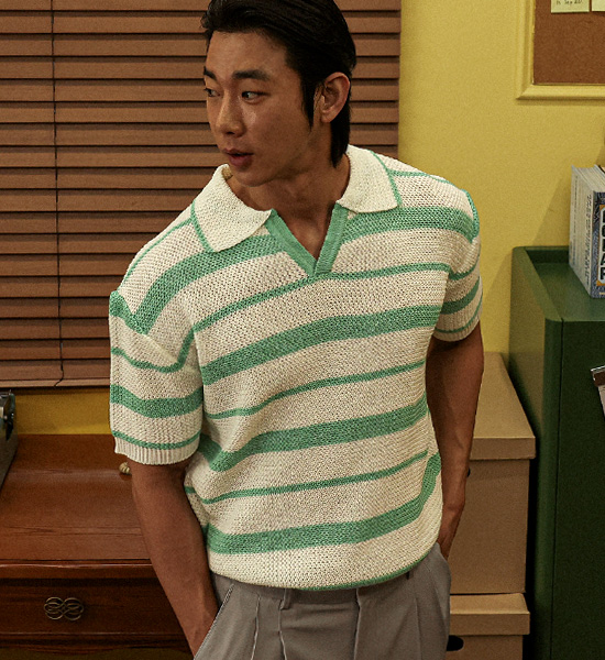 (XL-5XL)<BR>타우키 条纹 短袖领针织品