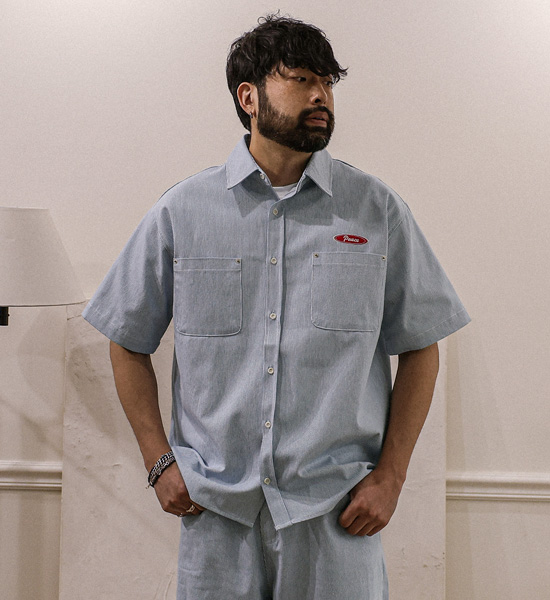 (M-5XL)<BR>코로겐 条纹 牛仔短袖衬衫