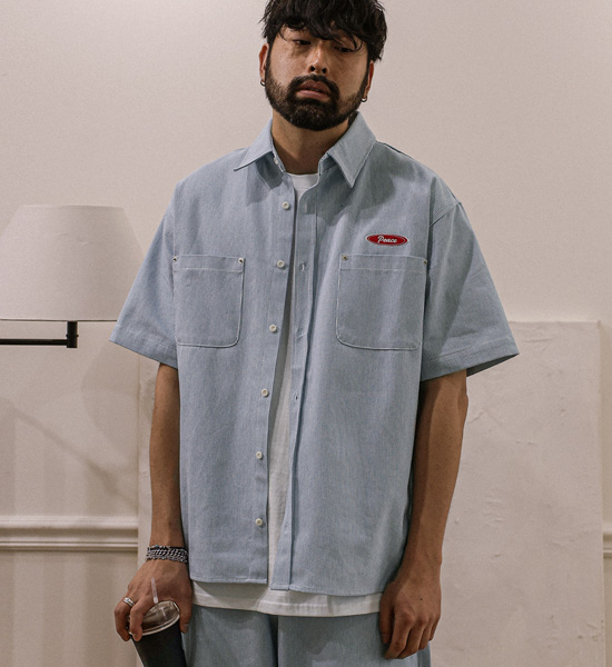 (M-5XL)<BR>코로겐 条纹 牛仔短袖衬衫