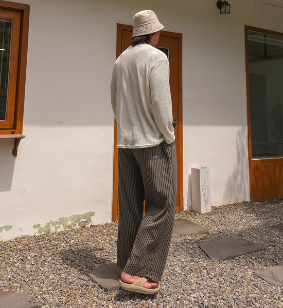 스톨린 半宽配合 条纹 松紧带裤