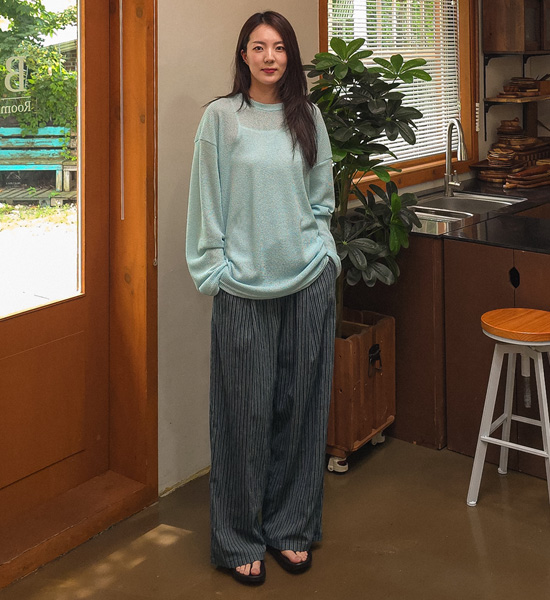 스톨린 半宽配合 条纹 松紧带裤