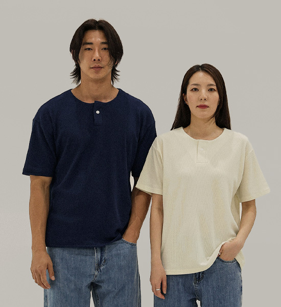 (L-5XL)<br>벨론 亨利颈 短袖T恤<br><font color="#fb5ec9"><B>[1+1]</B></font>