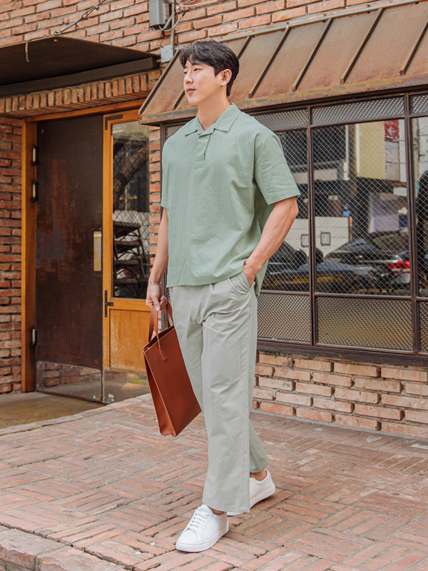 (2XL-5XL)<BR>파인만 亚麻开领衫 短袖衬衫