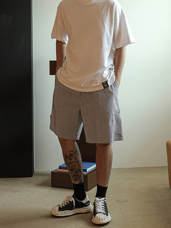 (L-5XL)<BR>람퓨 条纹 松紧带短裤