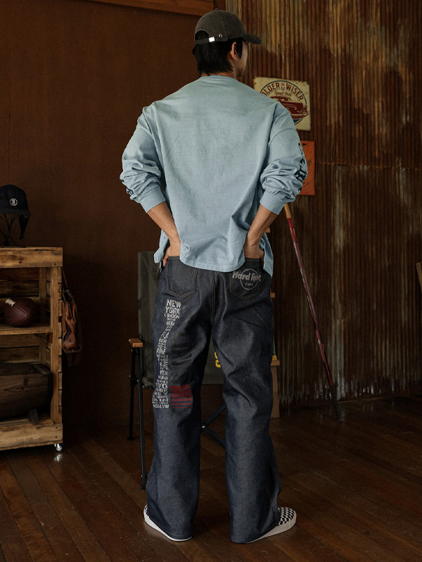 로비투 半宽配合 牛仔松紧带裤