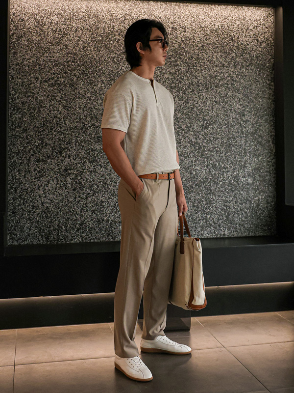 (L-5XL)<BR>캄바라 亨利颈 华夫短袖衬衫