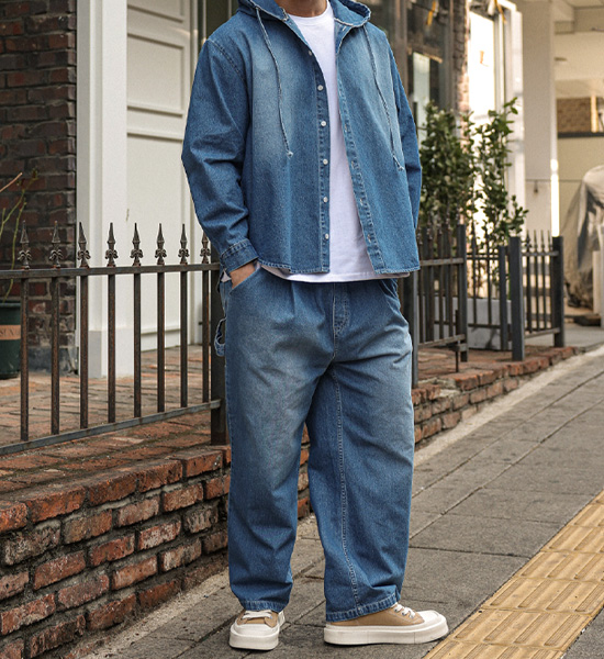 킨소코 후드데님셔츠+라사우스 세미와이드핏<br>데님밴딩팬츠