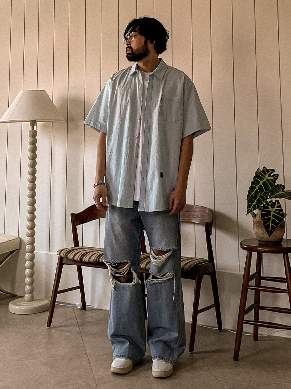 (S-5XL)<BR>알파하 半宽配合 牛仔裤