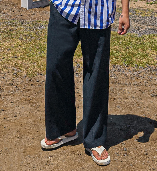 (L-5XL)<BR>켈시 亚麻插条 半宽配合 松紧带裤