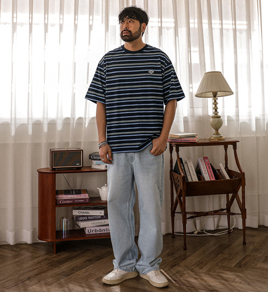 (L-5XL)<BR>바츠카시 条纹 短袖T恤