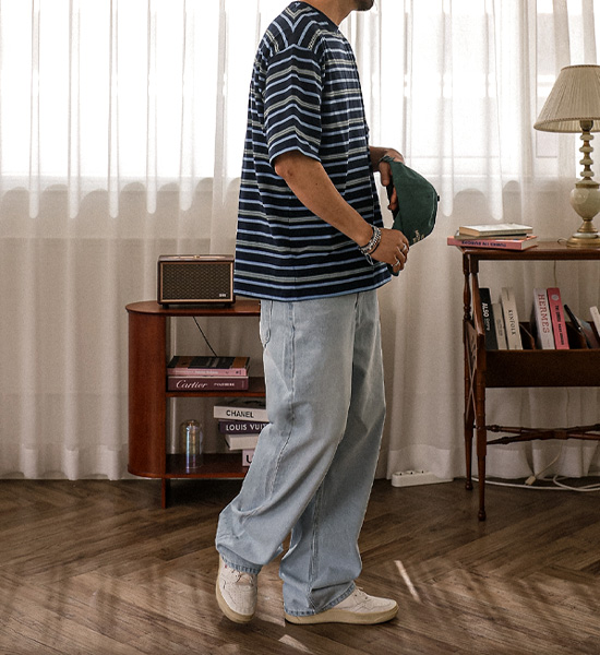 (L-5XL)<BR>바츠카시 条纹 短袖T恤