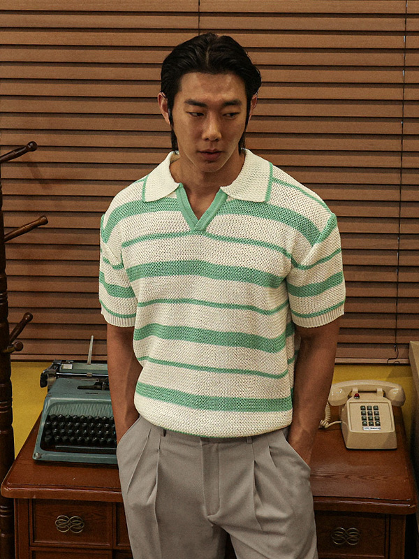 (XL-5XL)<BR>타우키 条纹 短袖领针织品