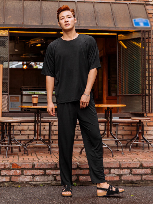 (L-5XL)<BR>퓨즈 아이스 短袖T恤+레버튼 아이스 松紧带裤 <br><font color="#098a09"><B>选择长度 하(基础,长款+10cm)</B></font>