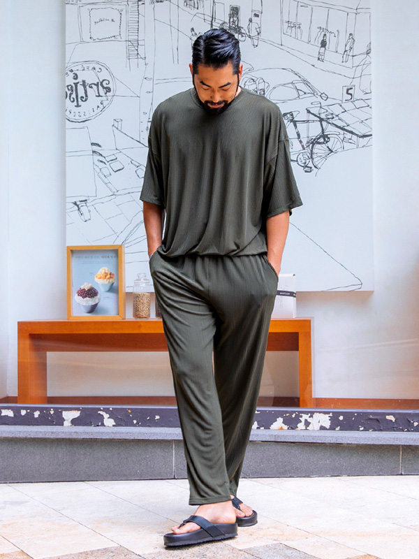 (L-5XL)<BR>베이드 百褶 短袖T恤+테인 百褶 松紧带 短裤