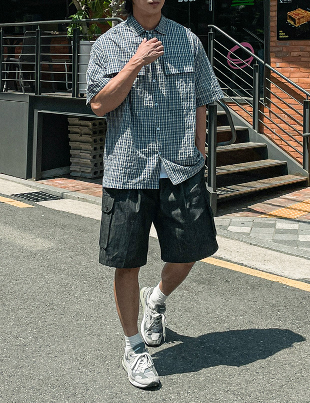 (L-5XL)<br>쿤드리 格子短袖衬衫 1105