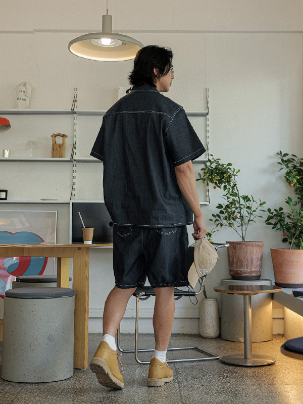 (XL-6XL)<BR>카이토 亚麻无洗牛仔裤 短袖衬衫+라리야 亚麻无洗牛仔裤 松紧带短裤