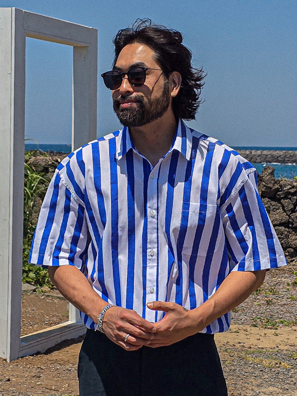 (L-5XL)<BR>타마두 条纹 短袖衬衫