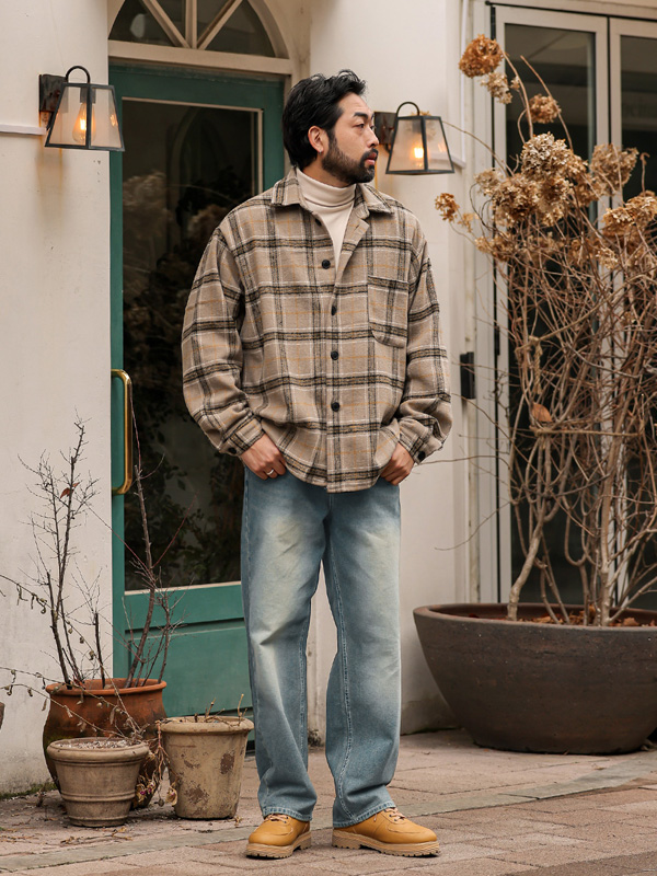 (L-5XL)<BR>킬코일 羊毛 格子衬衫(겉감기모)