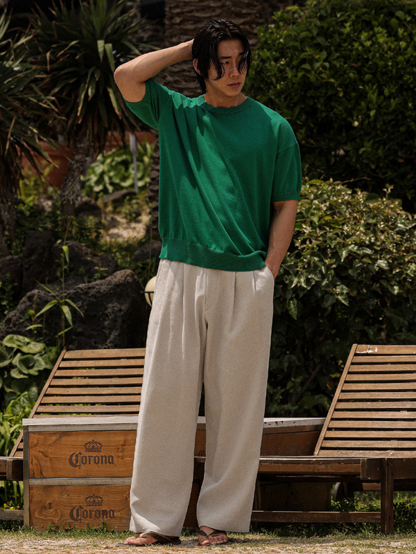 (S-5XL)<BR>발비스 半宽配合 后松紧带 亚麻长裤