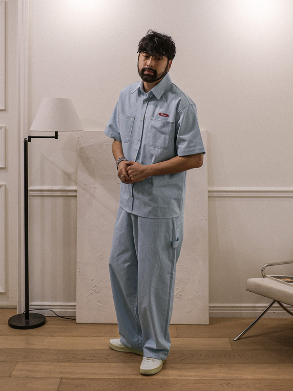 코로겐 条纹 牛仔短袖衬衫+비첸 半宽配合 后松紧带 牛仔裤