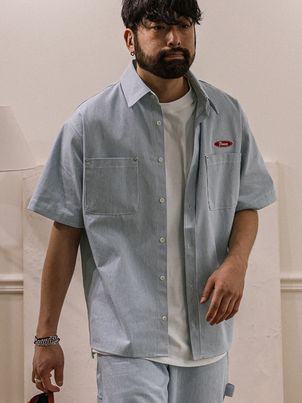 (M-5XL)<BR>코로겐 条纹 牛仔短袖衬衫