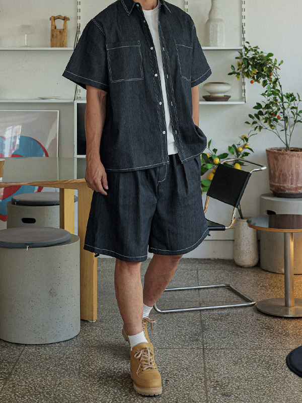 (XL-6XL)<BR>라리야 亚麻无洗牛仔裤 松紧带短裤