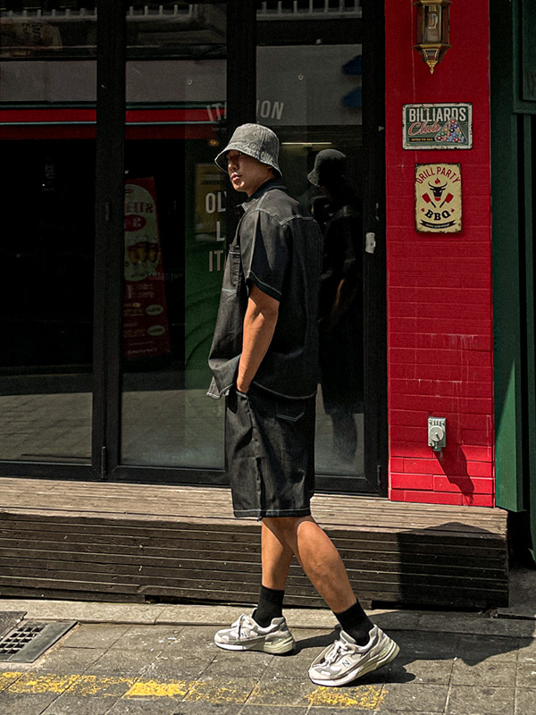 (XL-6XL)<BR>카이토 亚麻无洗牛仔裤 短袖衬衫+라리야 亚麻无洗牛仔裤 松紧带短裤