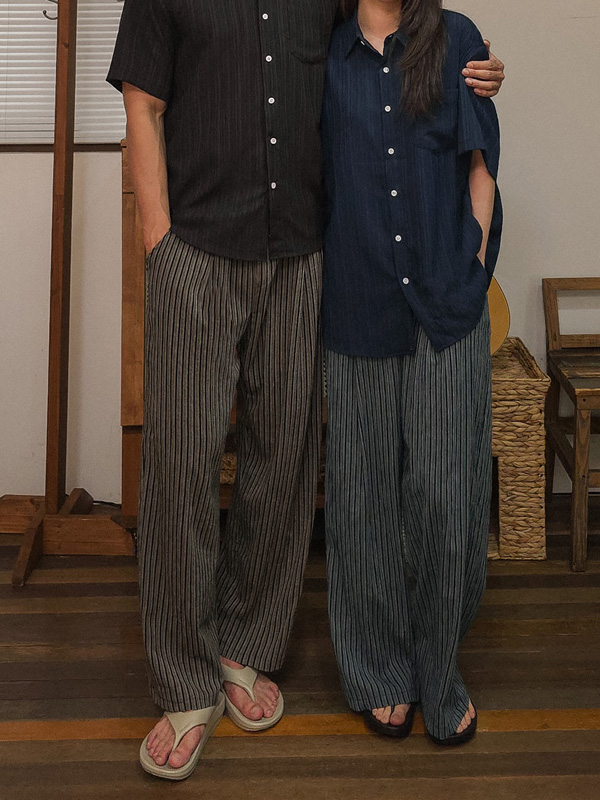 (L-5XL)<BR>스톨린 半宽配合 条纹 松紧带裤