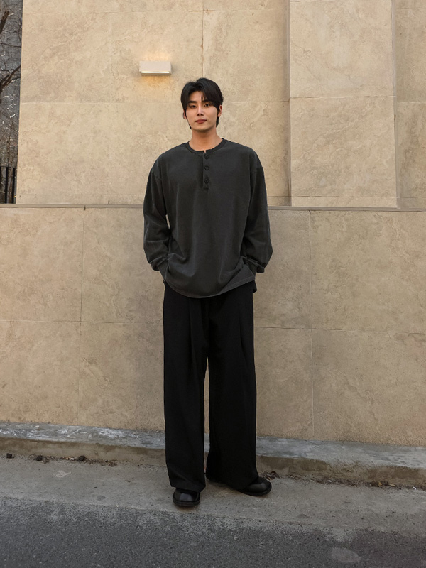 (XL-4XL)<br>다니코보 颜料 亨利颈 长袖t恤