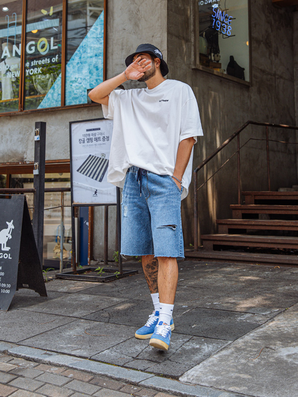 (L-5XL)<BR>홀컴 와이드밴딩데님반바지